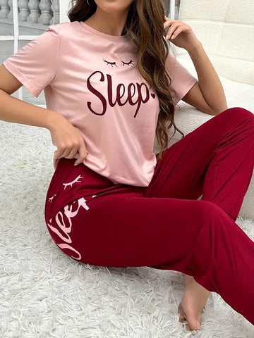 Pink Sleep Print half Sleeves T-shirt With Sleep Print Pajama Suit (RX-9001)