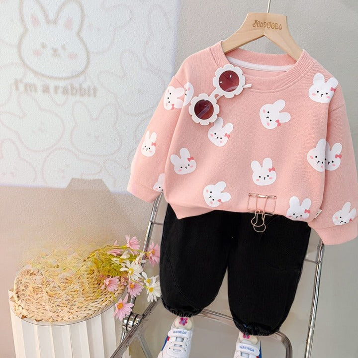 Baby Pink with White kitty Printed Sweatshirt with black trousers Kids track suit (RX-50002)