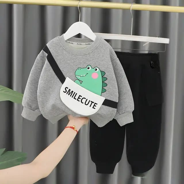 Grey Smile Cute Printed Sweatshirt with black trousers Kids track suit (RX-50001)