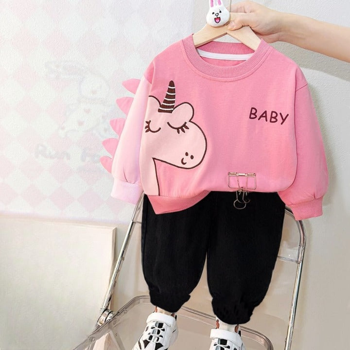 Baby Pink Unicorn Printed Sweatshirt with black trousers Kids track suit (RX-50006)