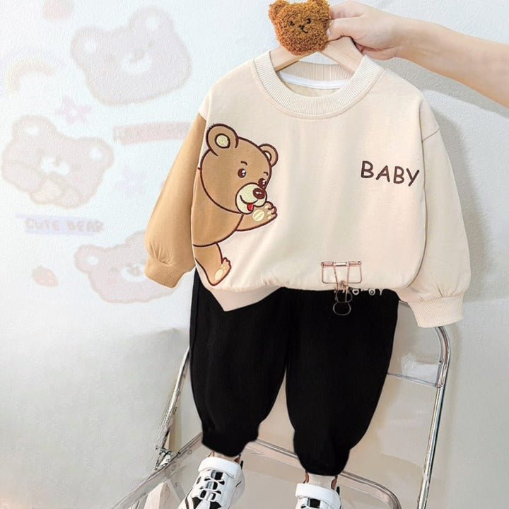 Offwhite Cute Bear Printed Sweatshirt with black trousers Kids track suit (RX-50005)