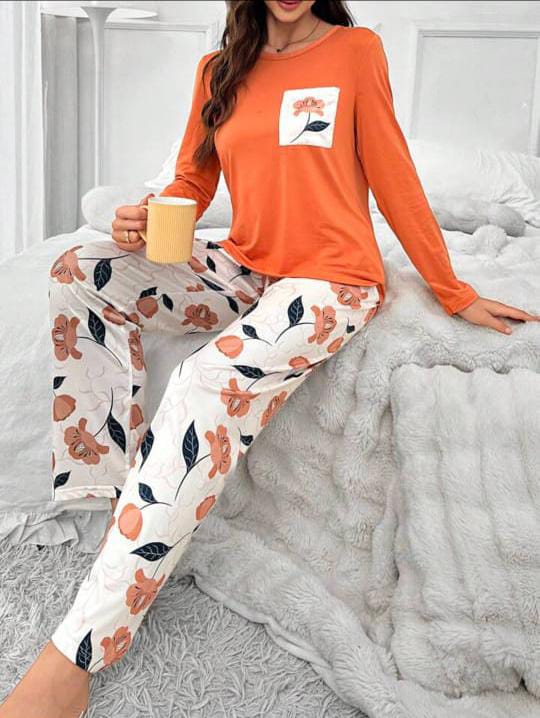 Orange Front pocket flower Printed Night wear