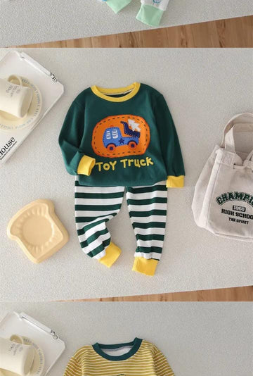 Dark Green Toy Truck Printed Kids Night Suit