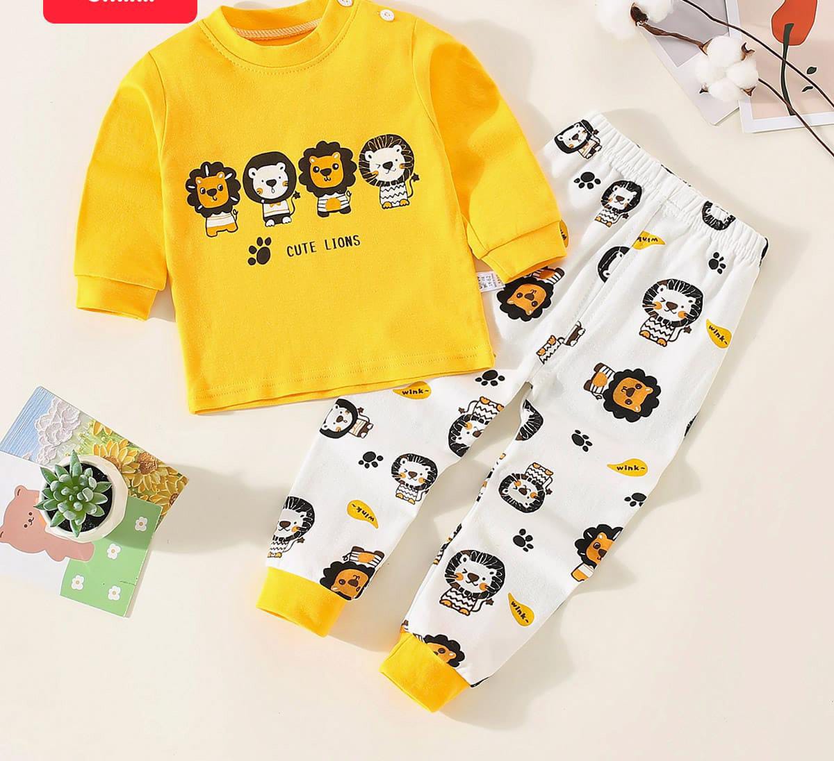 Yellow Cute Lions Printed Kids Night Suit
