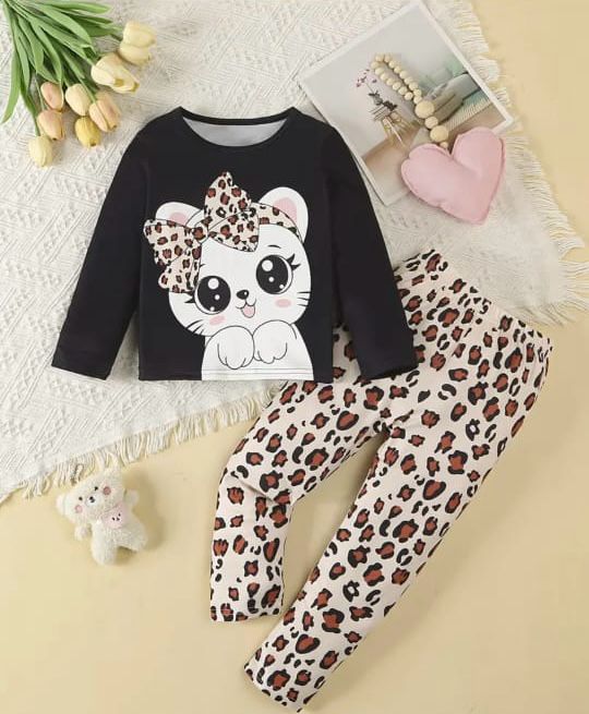 Black Cute Kitty With Cheetha Pajama Printed Kids Night Suit