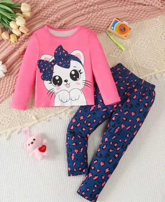 Shocking Pink Cute Kitty With Cheetha Pajama Printed Kids Night Suit