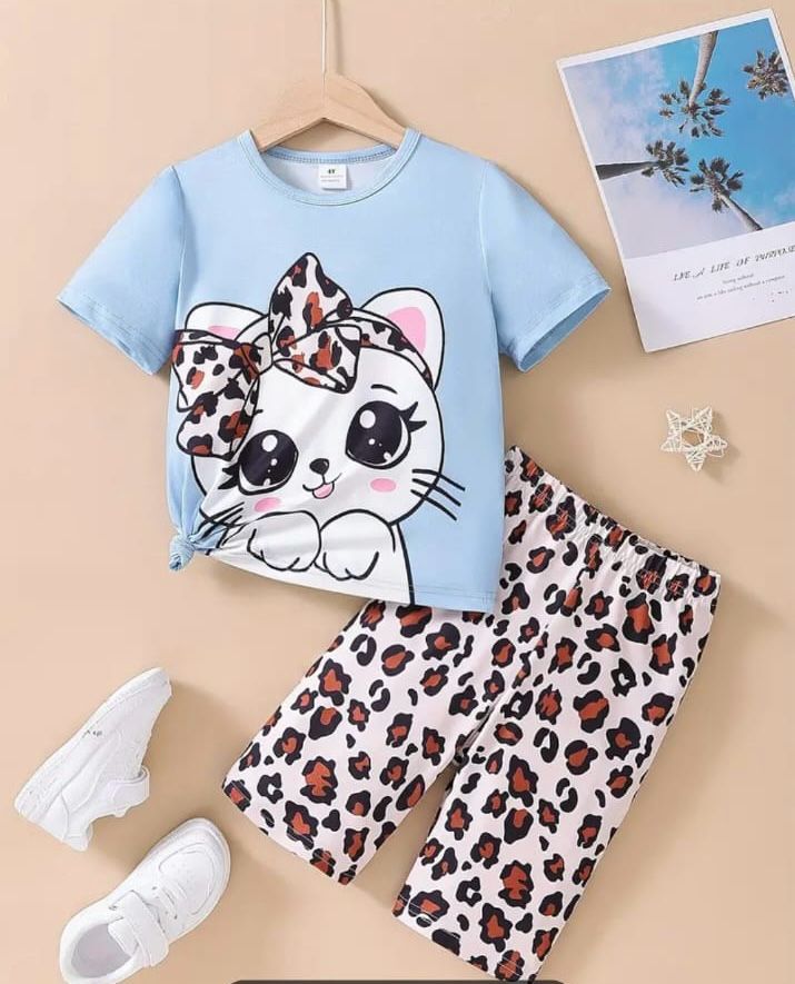 Blue Cute Kitty With Cheetha Pajama Printed Kids Night Suit