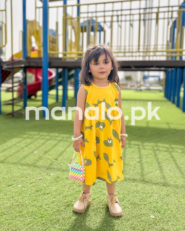 Yellow Cute Animals Print Sleeveless Frock For Baby Girl