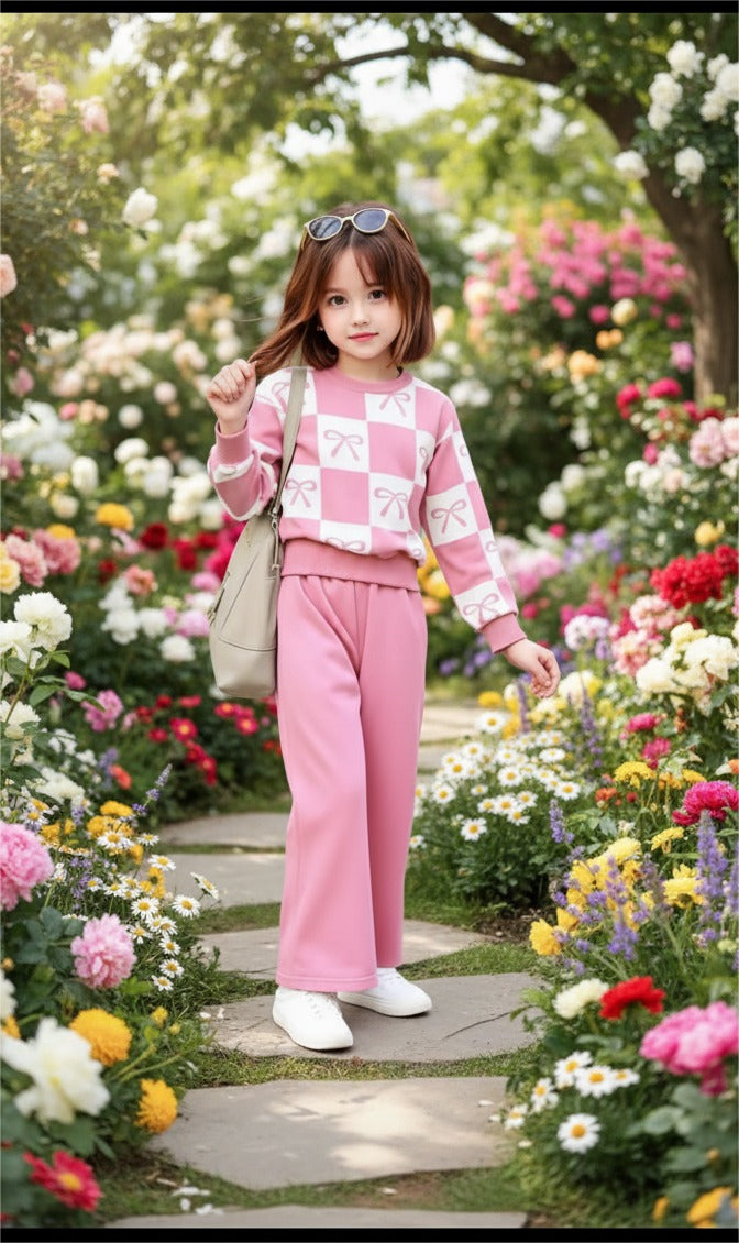 Pink Checkered Bow with Pink pajama Kids track suit