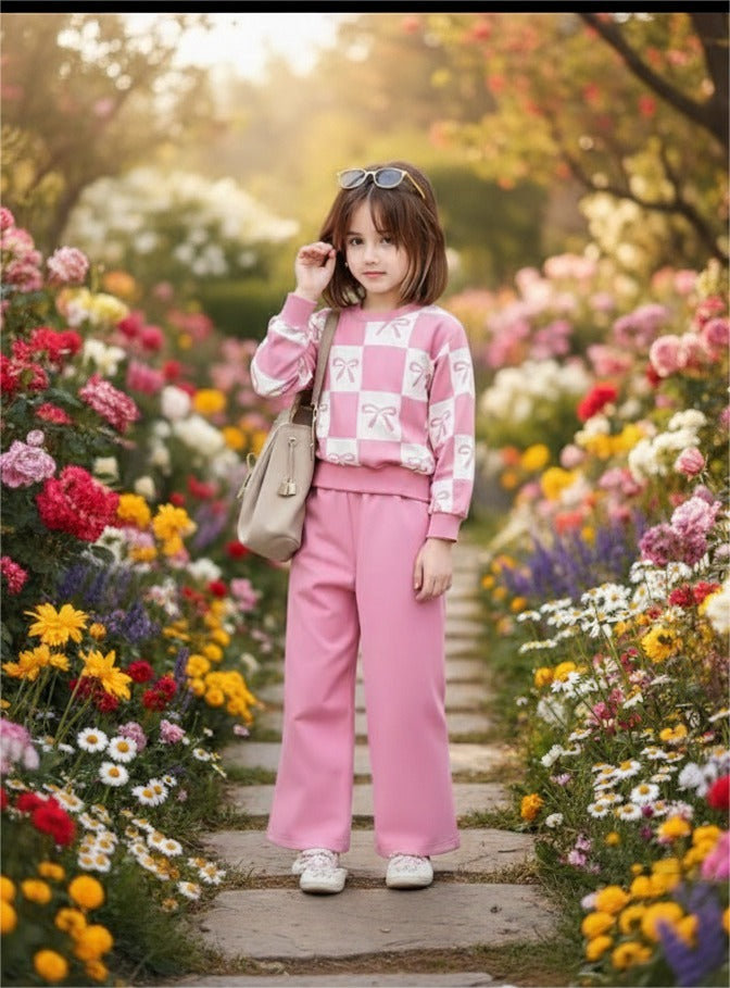 Pink Checkered Bow with Pink pajama Kids track suit