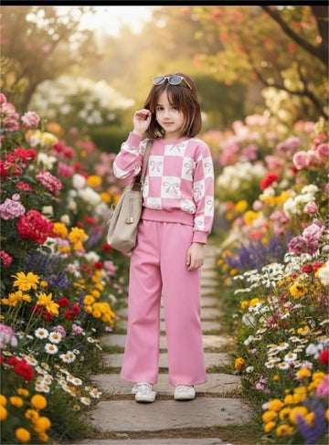 Pink Checkered Bow with Pink pajama Kids track suit