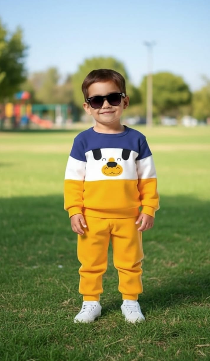 Yellow and Blue Happy DOG with yellow pajama Kids track suit