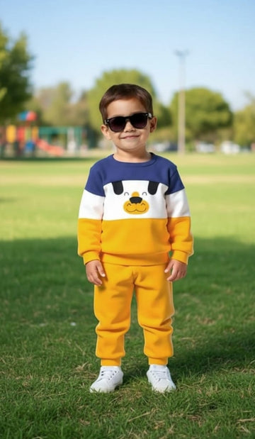 Yellow and Blue Happy DOG with yellow pajama Kids track suit