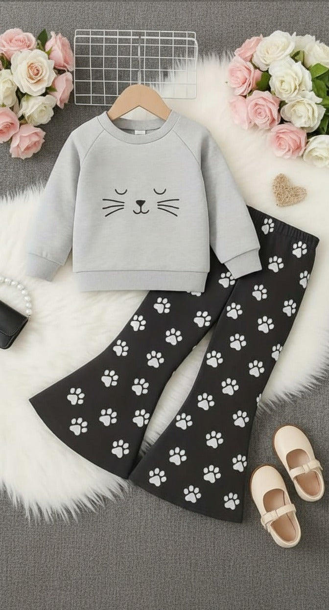 Grey Sleepy Cat with Foot Printed pajama Kids track suit