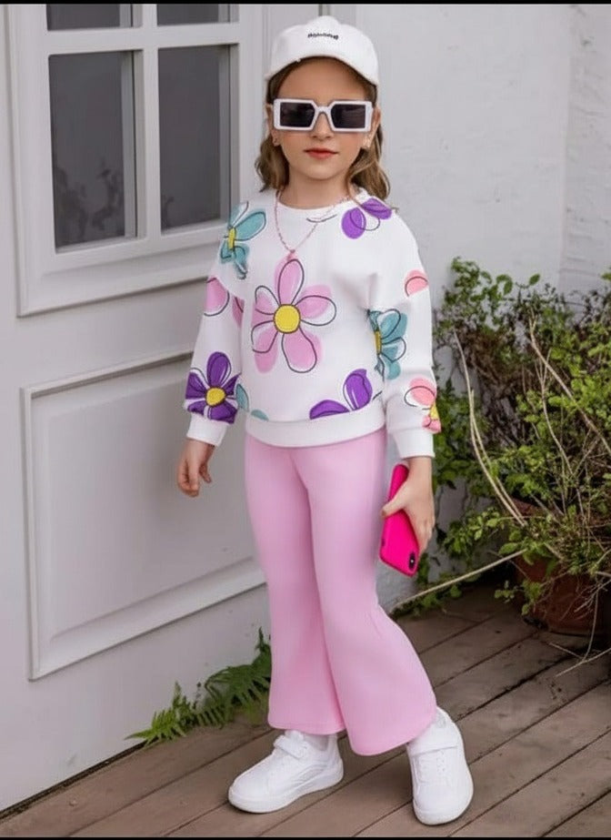 Off white Multi Big Flower Printed with Pink pajama Kids track suit