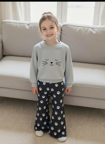 Grey Sleepy Cat with Foot Printed pajama Kids track suit