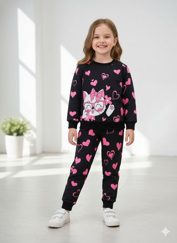 Black Kitty Sweat shirt with pink Hearts pajama Kids track suit