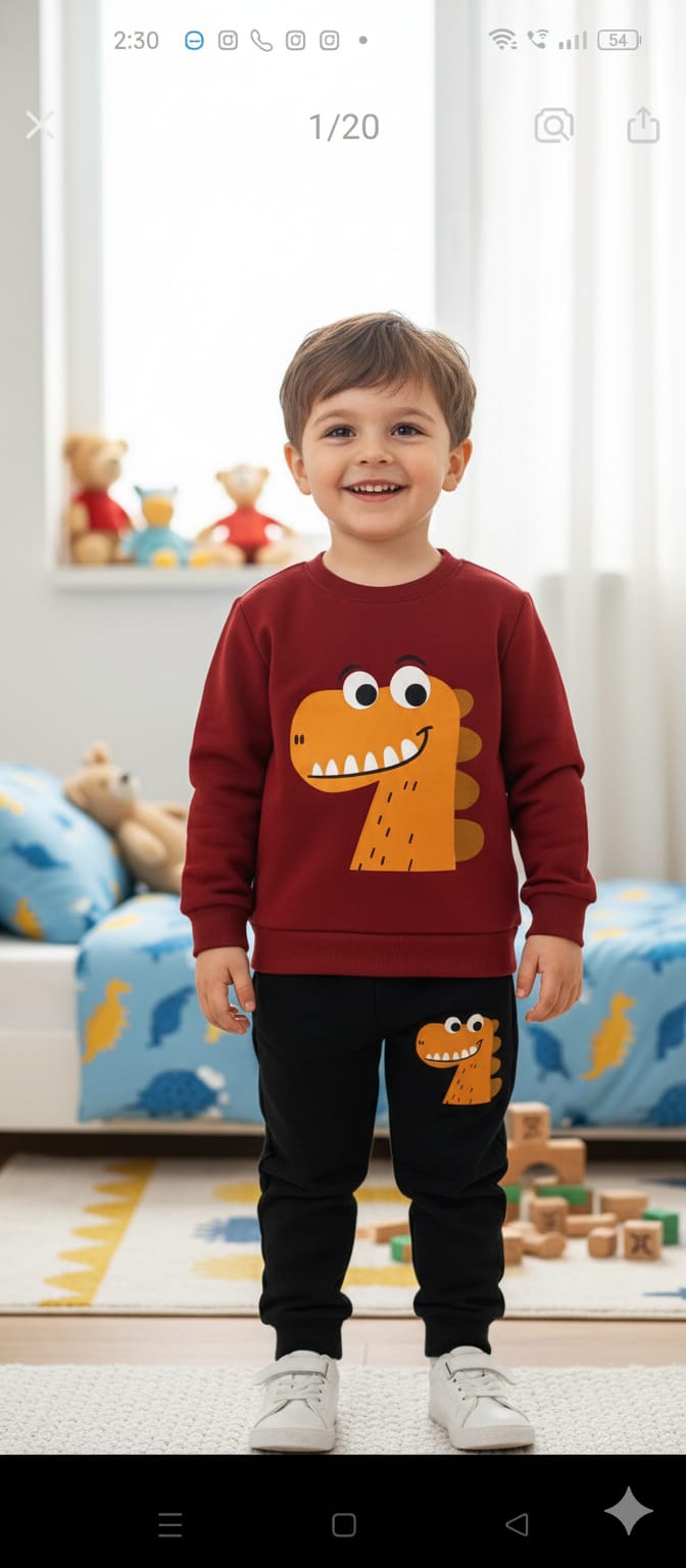 Maroon Big Orange Dinosor with Black pajama Kids track suit