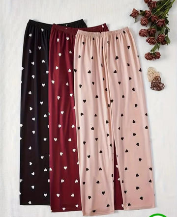 Pack Of 3 Multi Colored Hearts Printed Plazzo Pajamas For Ladies