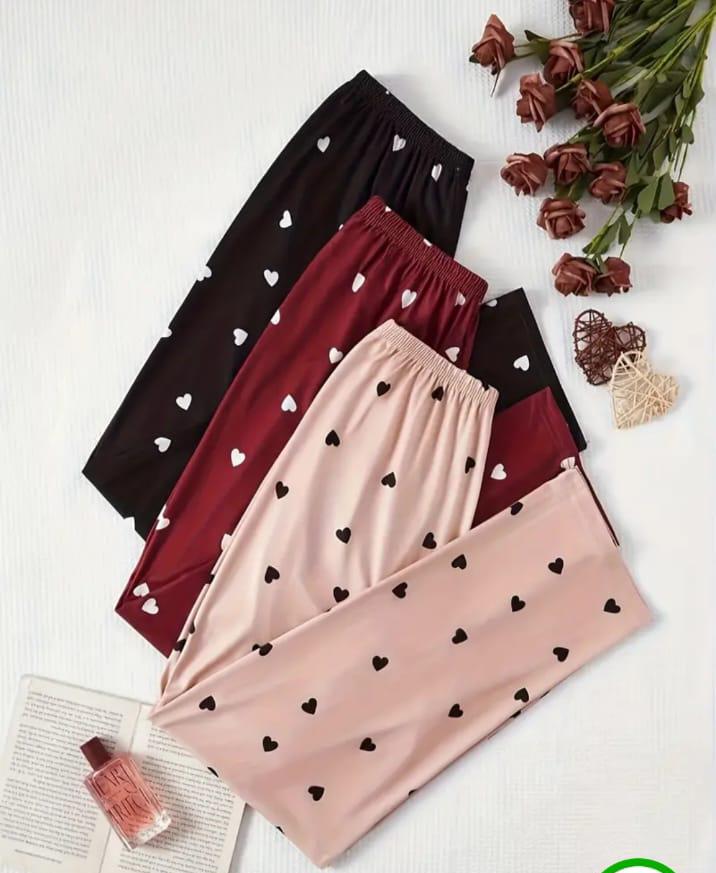Pack Of 3 Multi Colored Hearts Printed Plazzo Pajamas For Ladies