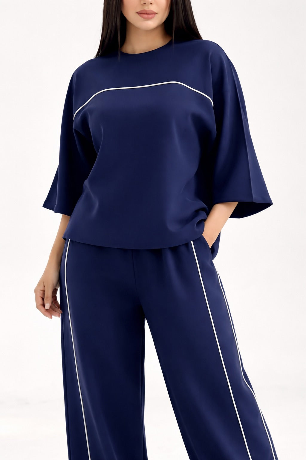 Navy Blue with White lining Plain plazzo night suit for her
