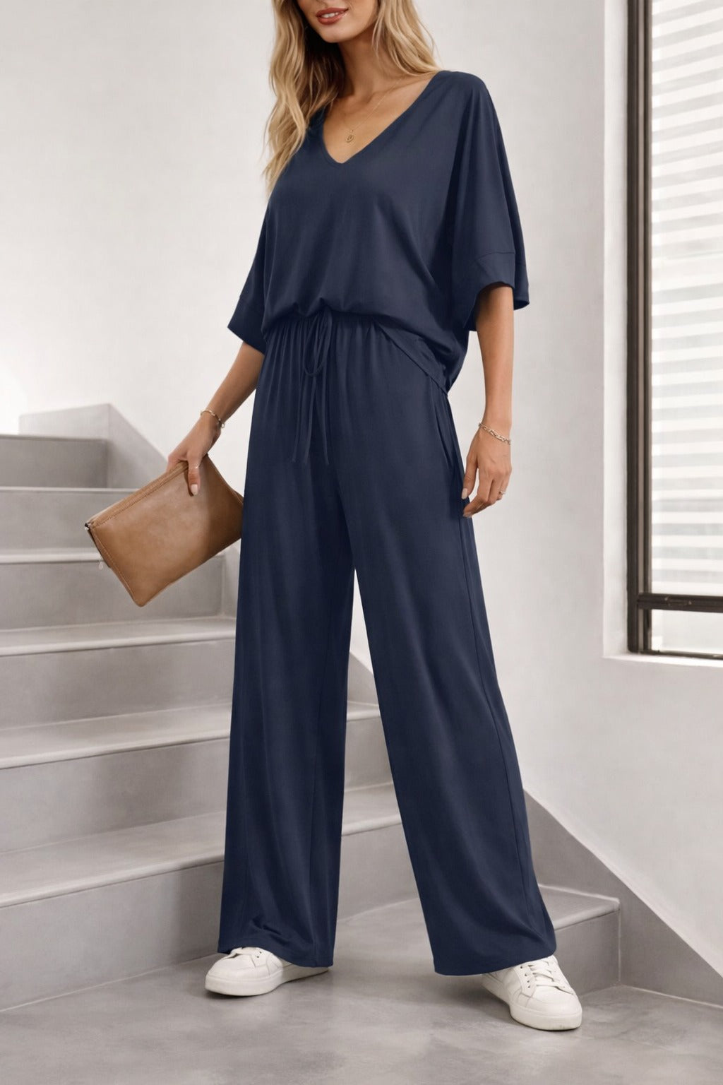 (New) Navy Blue V Neck plain Half Sleeves night suit with plazo pajama