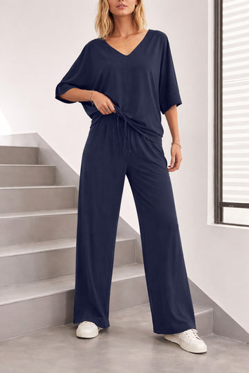 (New) Navy Blue V Neck plain Half Sleeves night suit with plazo pajama