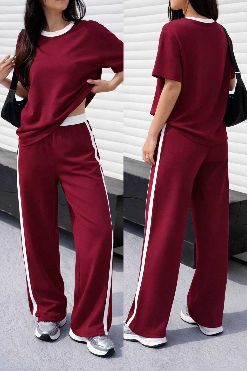 (New) Maroon with white round Neck night suit with White panel plazo pajama