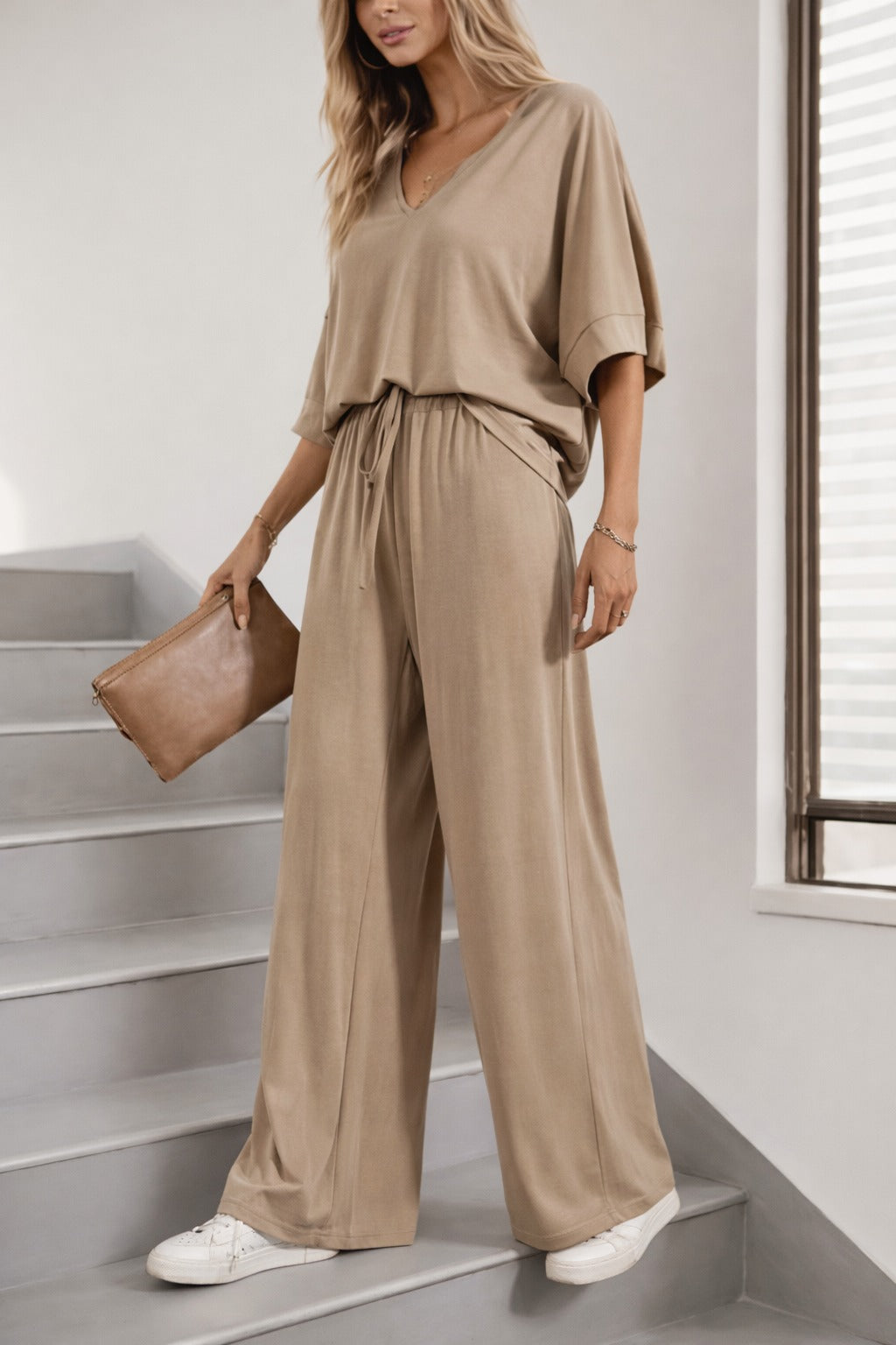 (New)Beige V Neck plain Half Sleeves night suit with plazo pajama