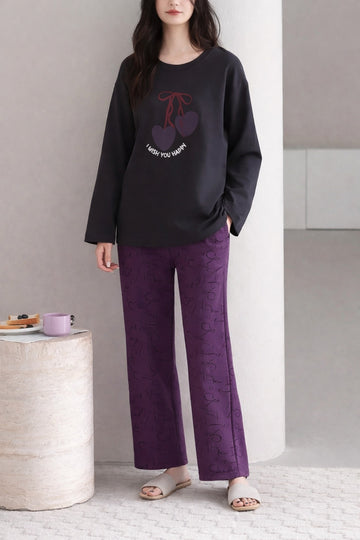 Black i wish you happy Printed with Purple printed Pajama Full sleeves night suit