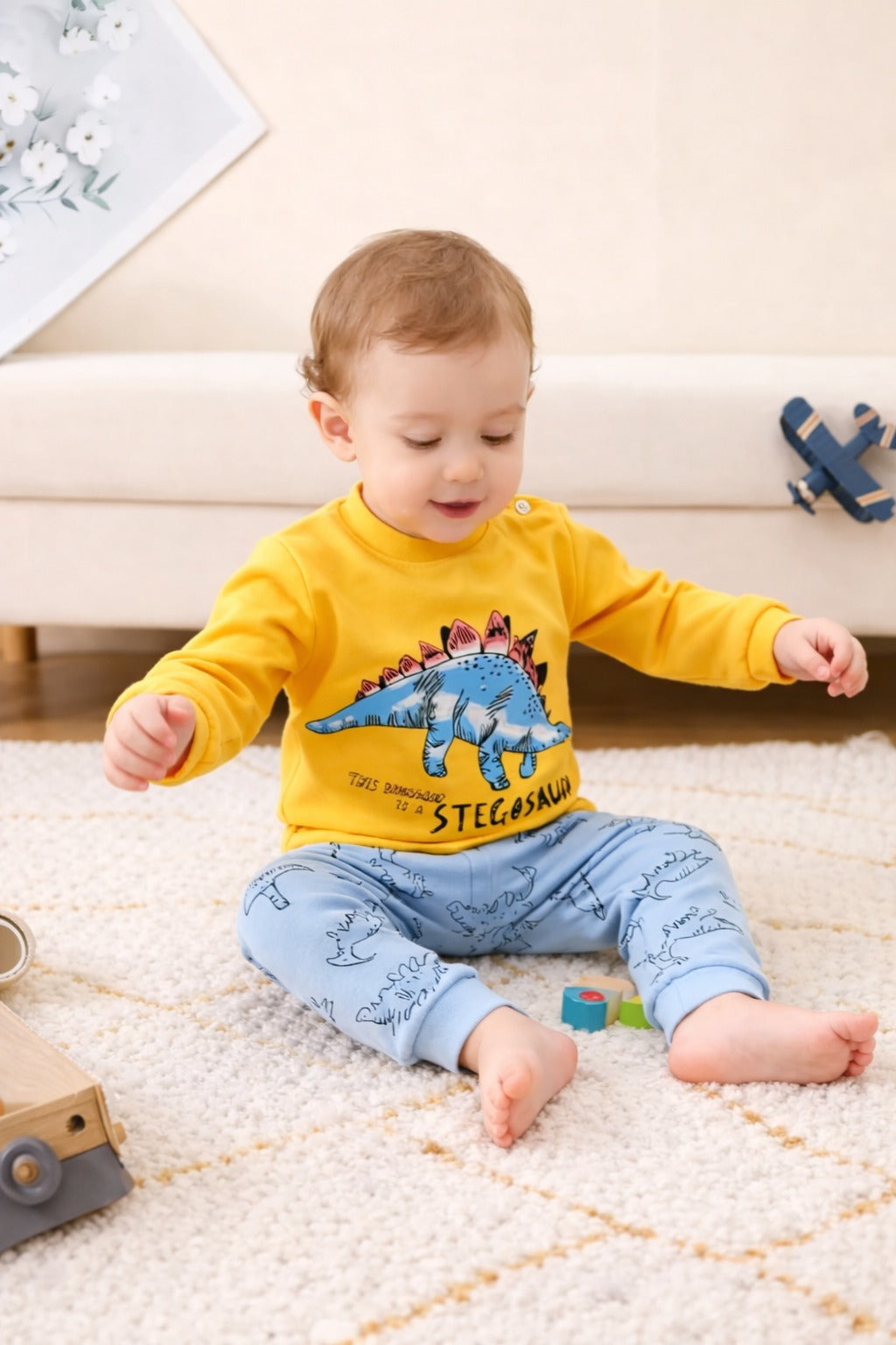 Yellow with Blue Dinosour Printed T shirt with multi dino trouser kids suit