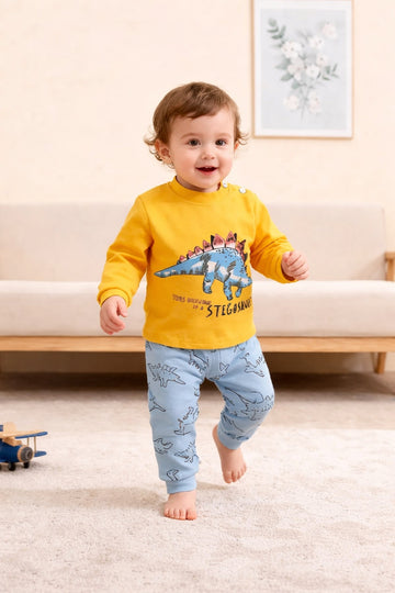 Yellow with Blue Dinosour Printed T shirt with multi dino trouser kids suit