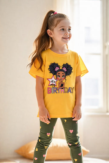 Yellow Its my Birthday Printed T shirt with Green Hearts Printed Pajama kids night suit