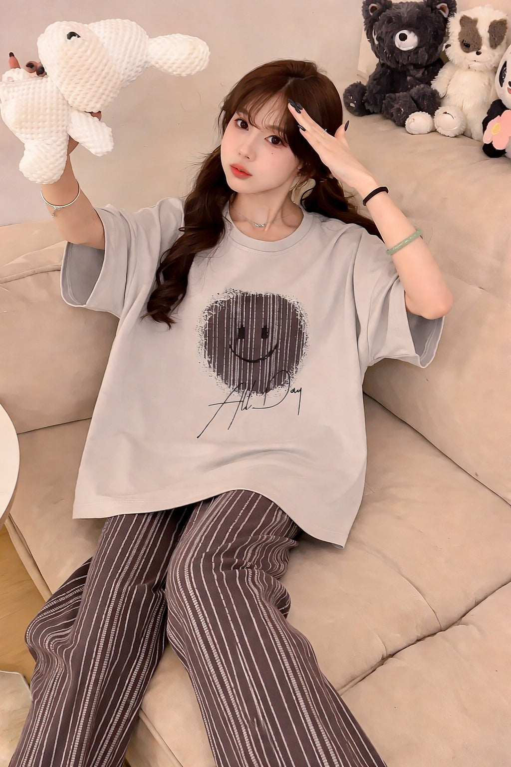 Grey Smiley printed Half sleeves T Shirt with brown lining trousers night suit