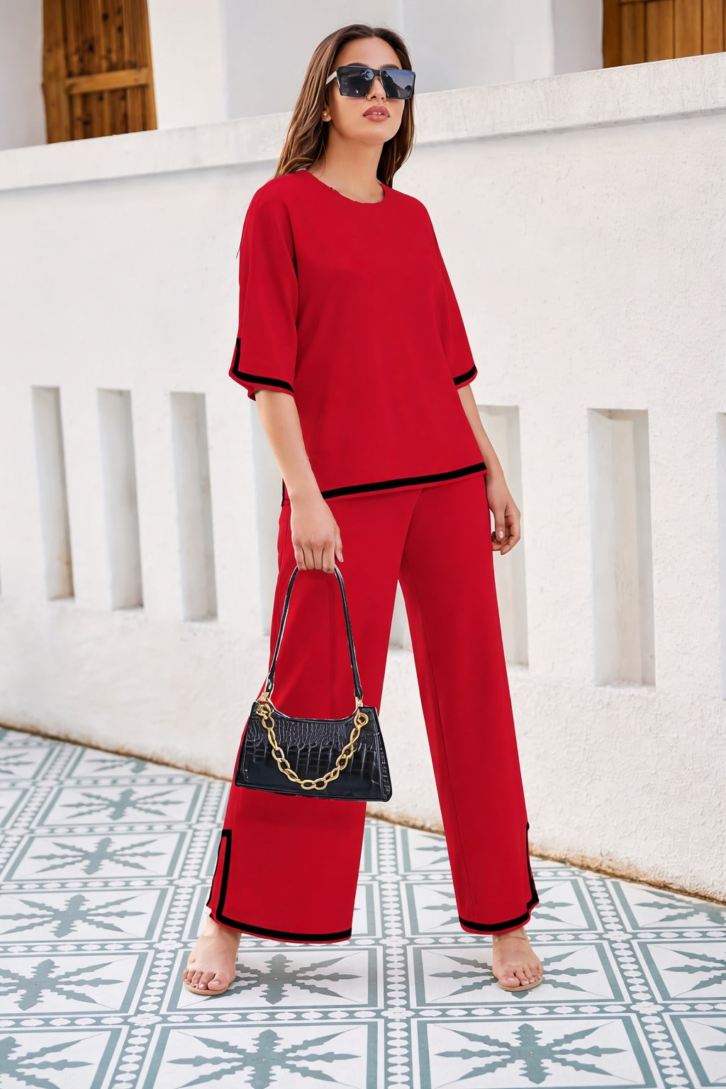 Red plain round neck with quarter cut sleeves black pipen night suit