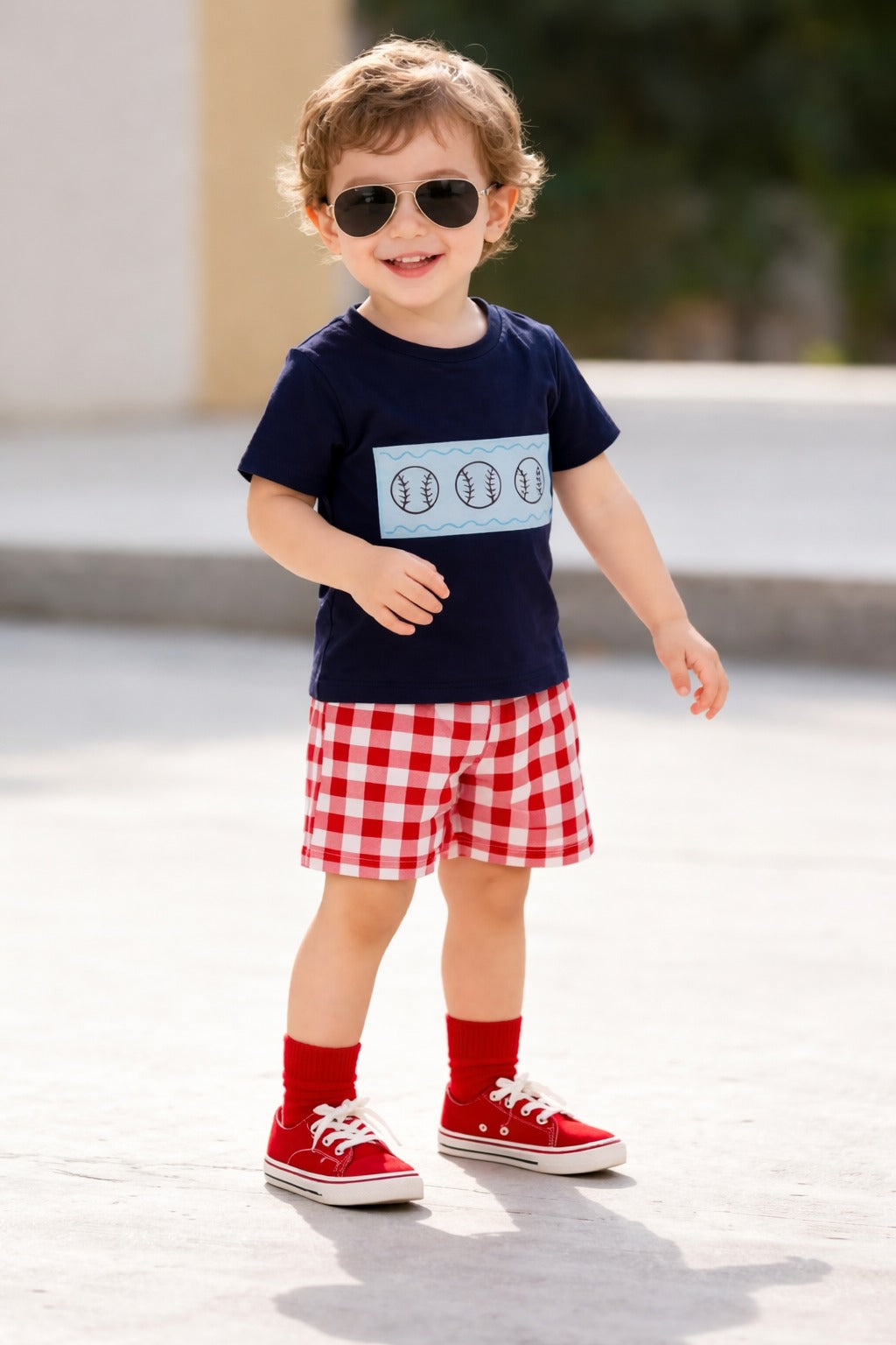 Navy blue 3 Baseball printed half sleeves with shorts kids suit