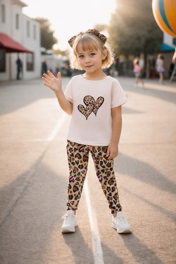 Off white half sleeves Cheeta heart printed t shirt with cheeta pajama kids suit