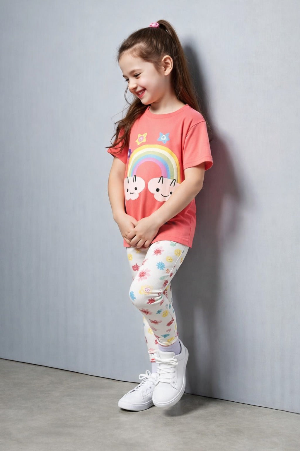 (NEW) pink rainbow t shirt with multi STARS printed pajama kids night suit