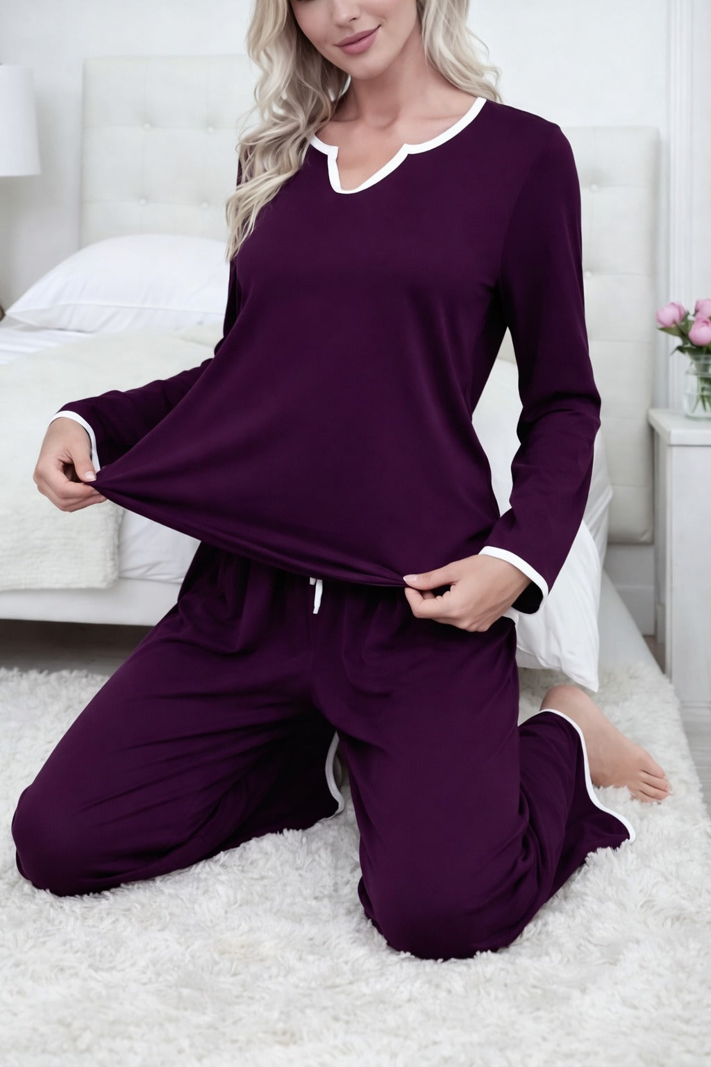 Dark purple With White pipen V neck night suit For Her