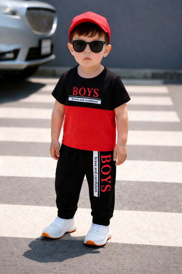 Black and red Boys brave and confident printed t shirt with printed pajama kids suit