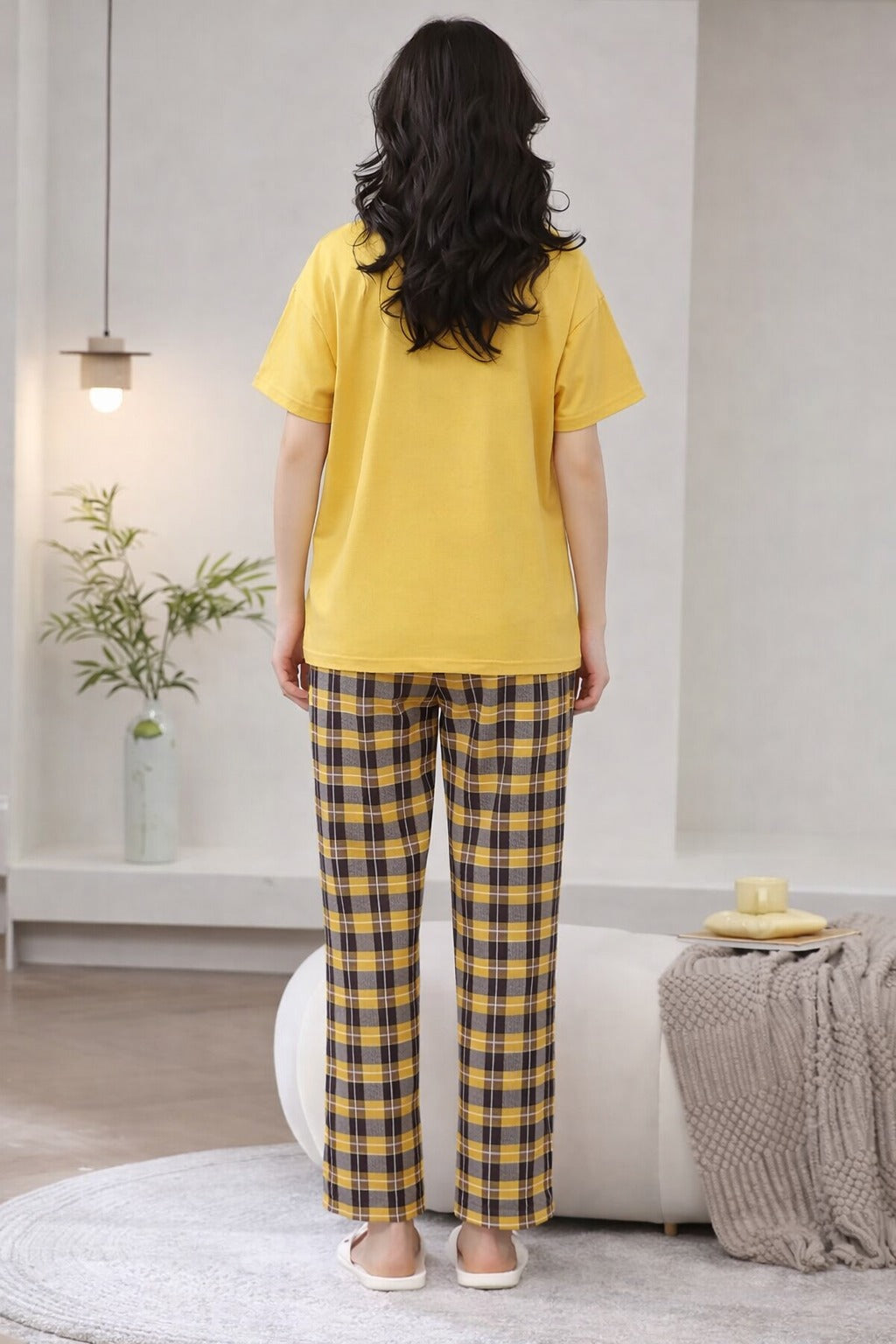 Yellow Cute Duck Printed half sleeves t shirt with check pajama night suit for her
