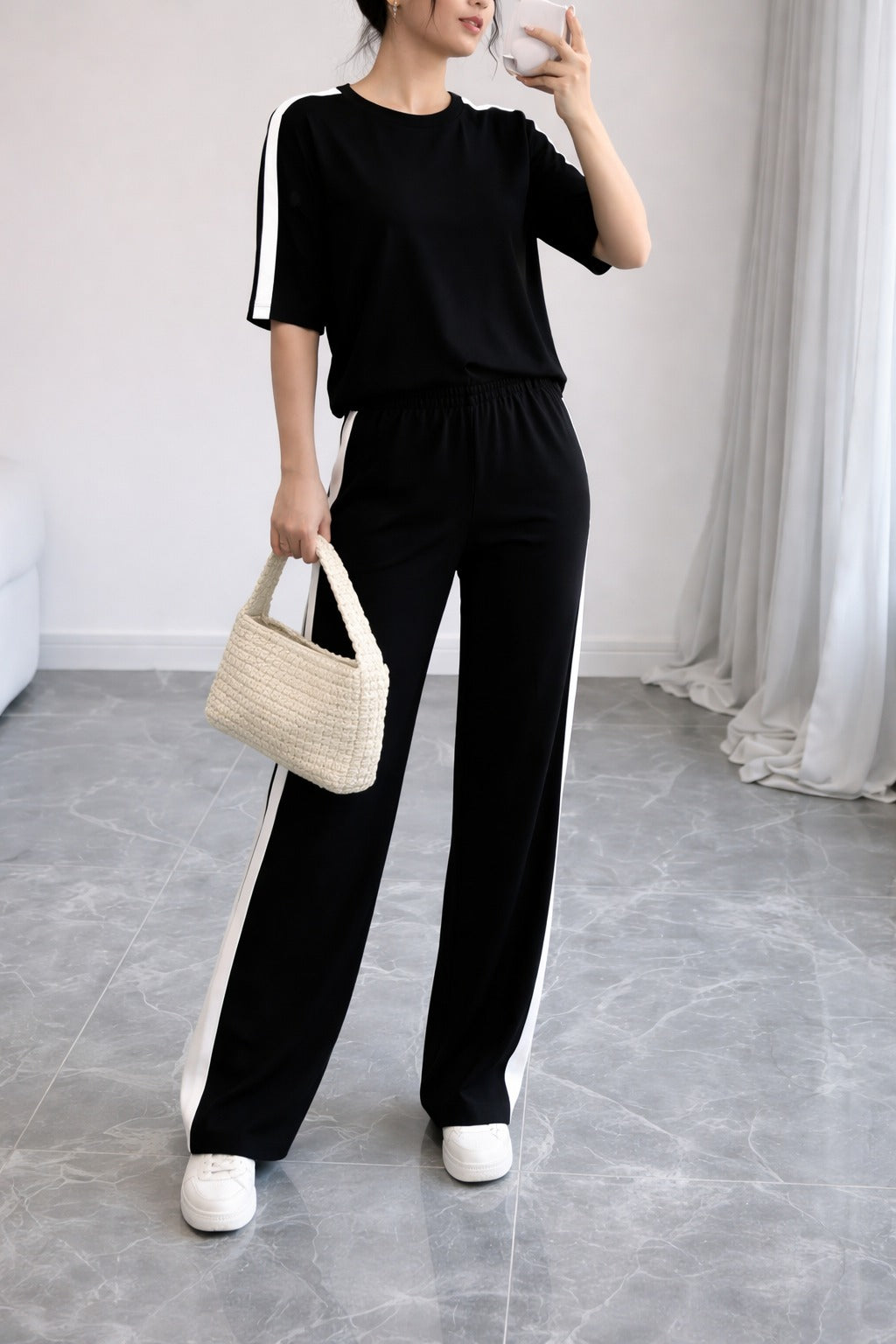 Black with white Half sleeves panel T shirt with white panel trousers For her