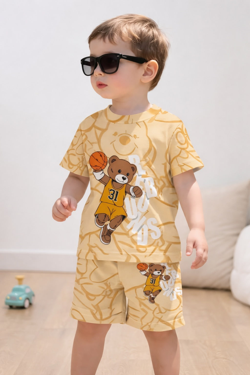 yellow bear with basket ball printed kids suit