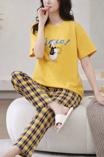 Yellow Cute Duck Printed half sleeves t shirt with check pajama night suit for her