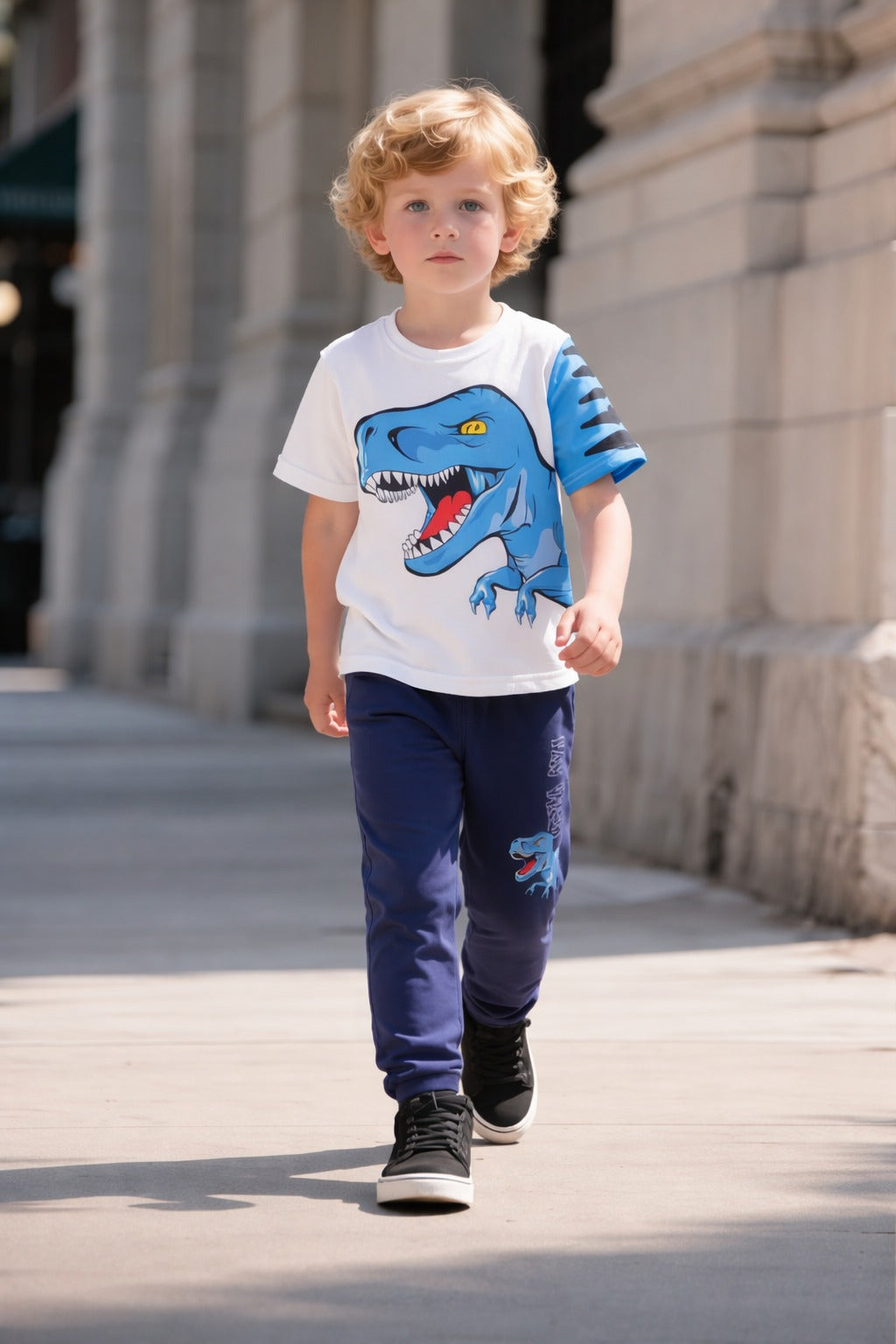 white with BIG blue Dinosour with blue printed pajama kids suit
