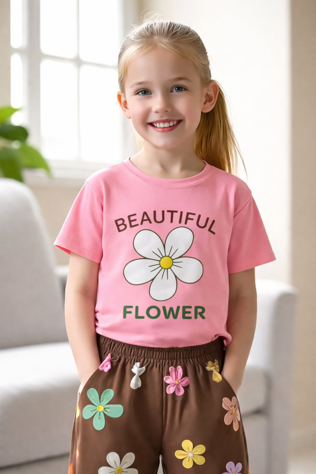 Pink multicolour big Flower T shirt with brown Flowers printed pjs
