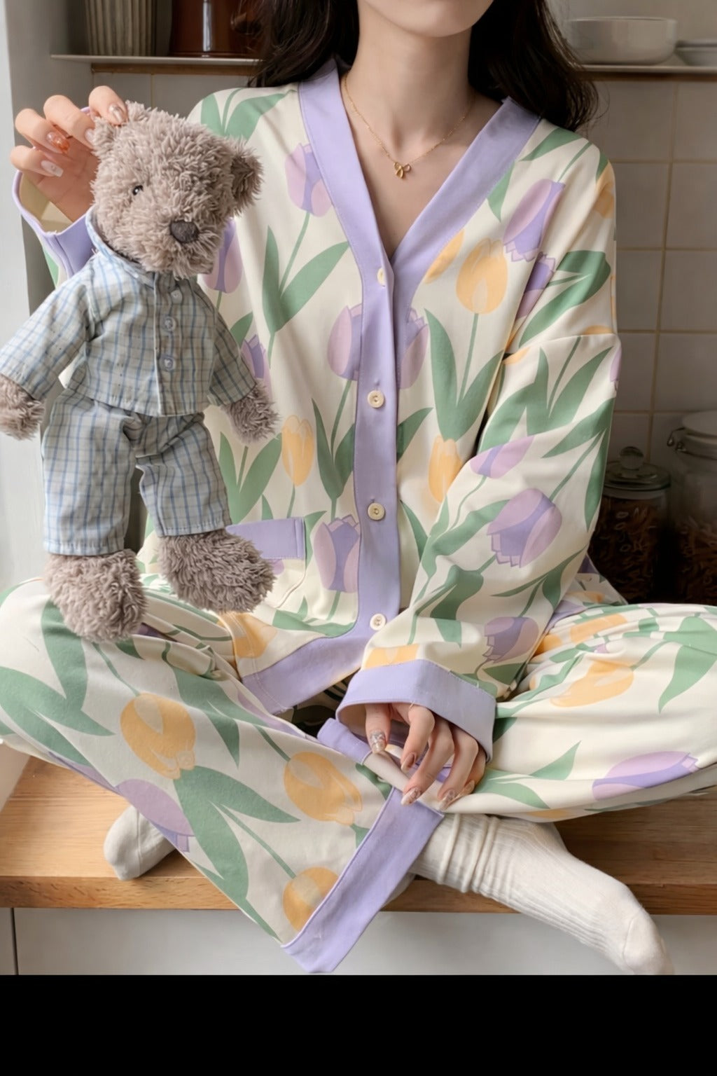 Off white with purple pipen big Flowers printed Front button Style night suit For her