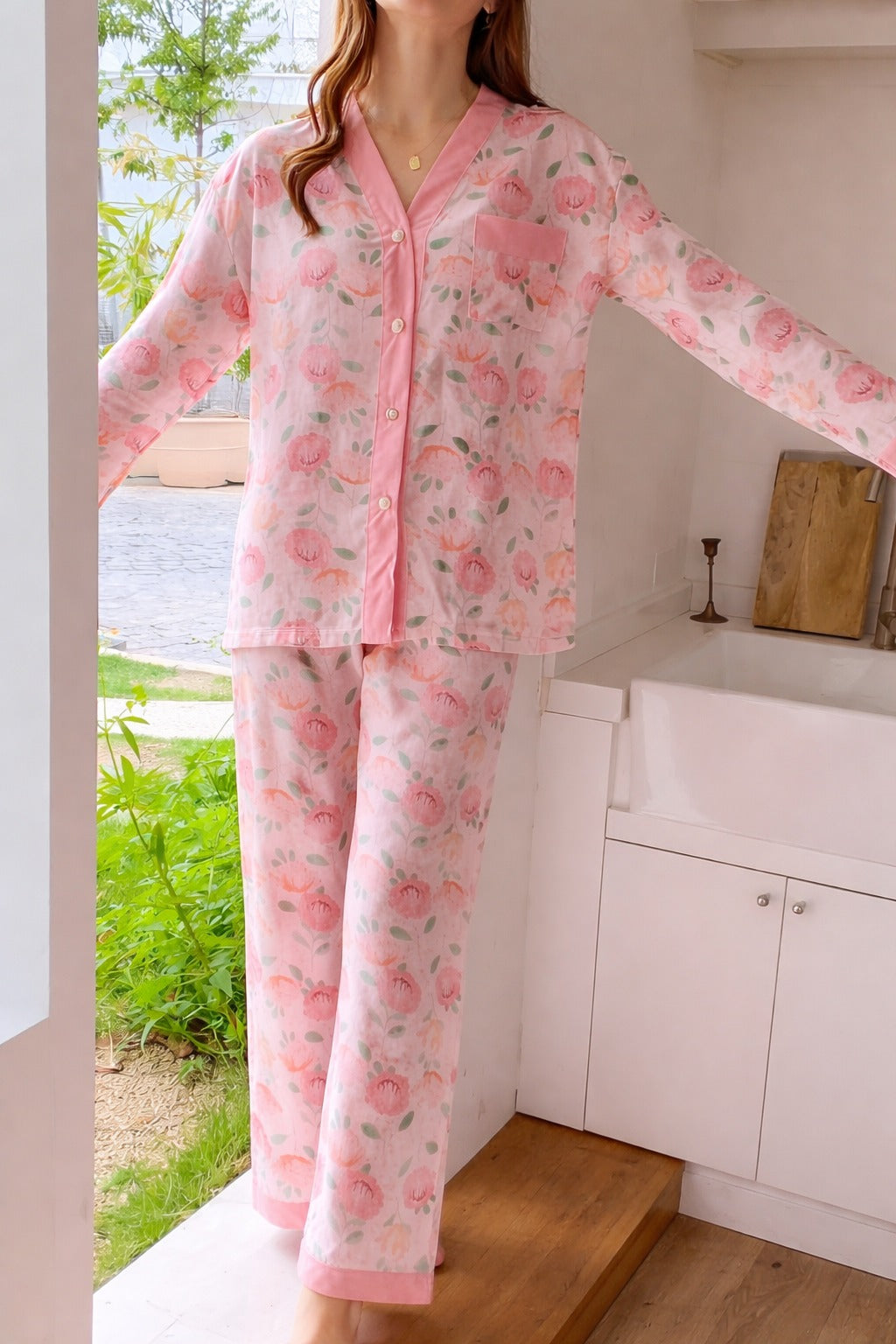 Pink with All over roses printed Front button Style night suit For her
