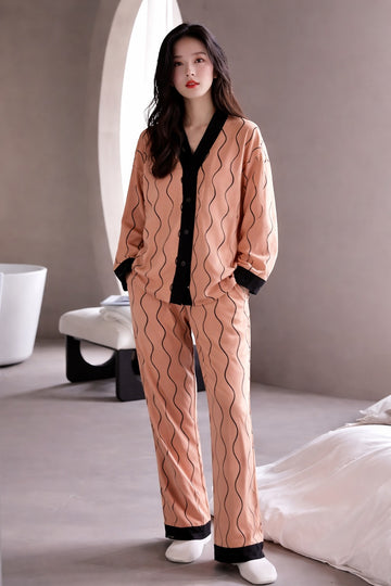 Orange with black linings printed Front button Style night suit For her