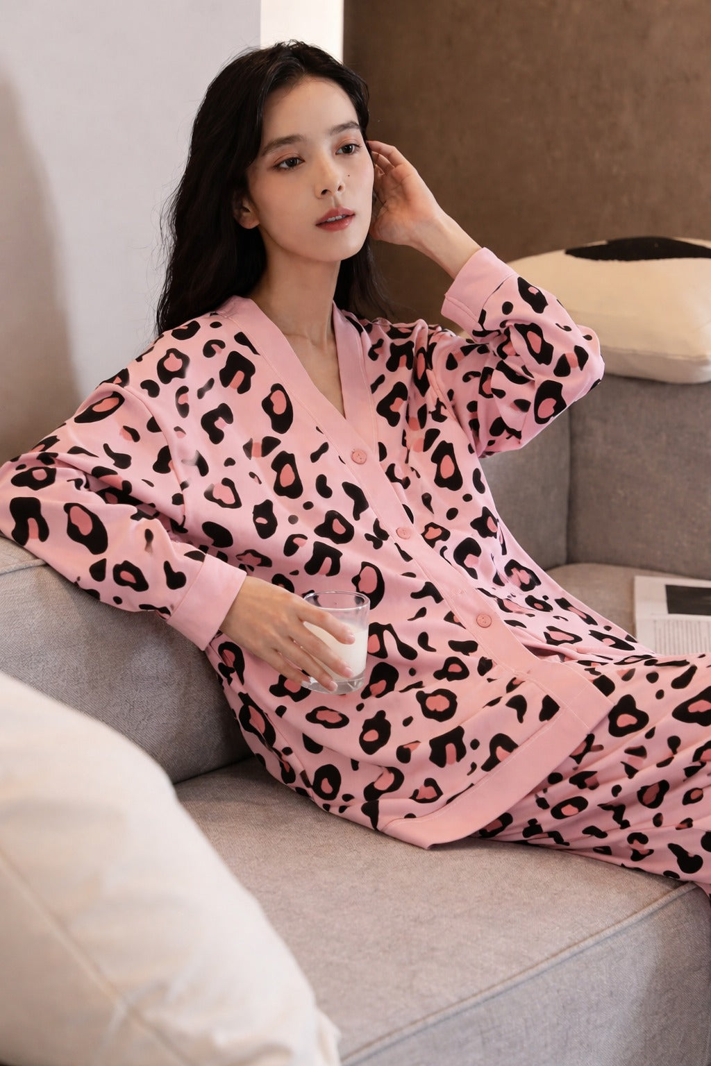 Baby Pink with cheetah printed Front button Style night suit For her
